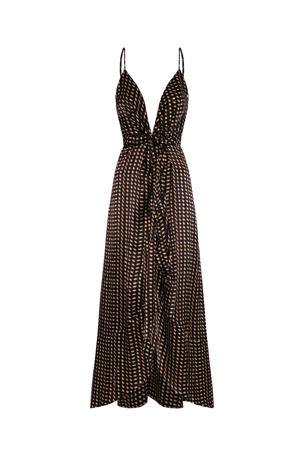 Sabina Satin Silk Midi Dress / Black & Ivory Seeds